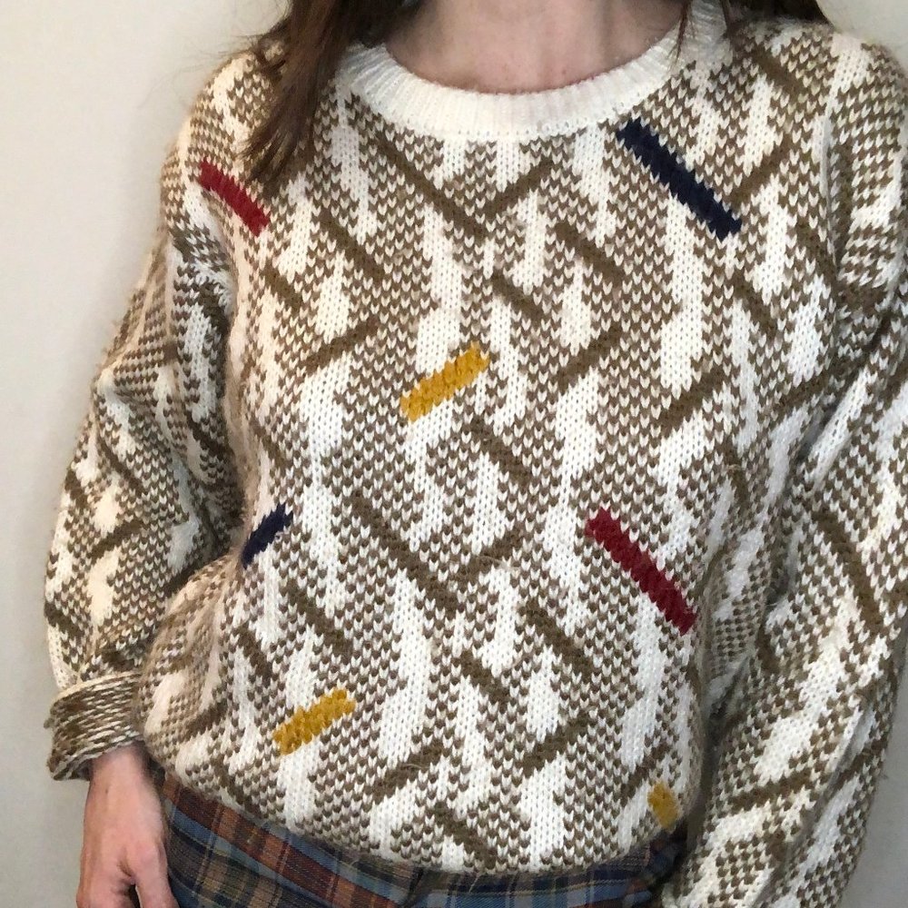 1980s Vintage Brown & Primary Color Cozy Sweater
